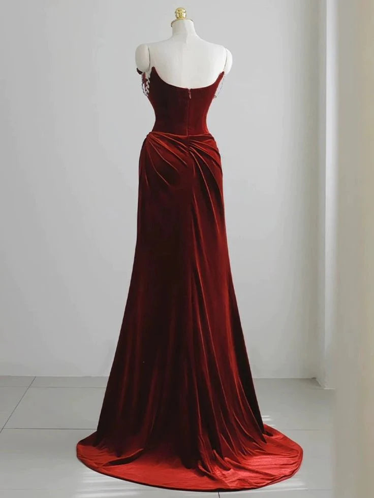 Off-the-Shoulder  Red Velvet Evening Dress Floral Prom Dress Chic Mermaid Dress
